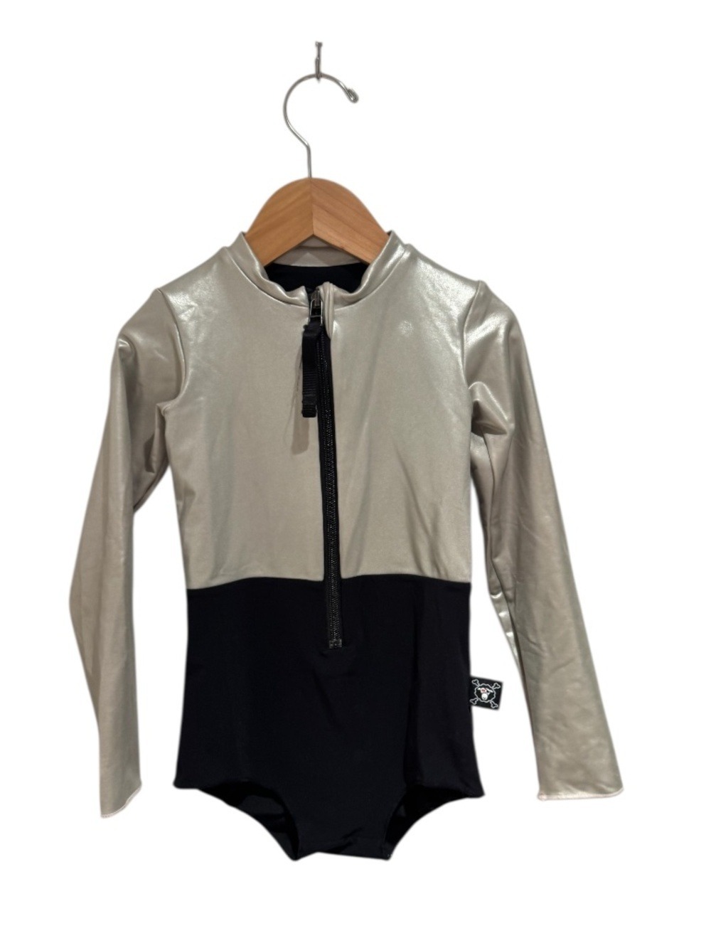 NUNUNU black & silver long sleeve one-piece rashguard bathing suit - size 4-5